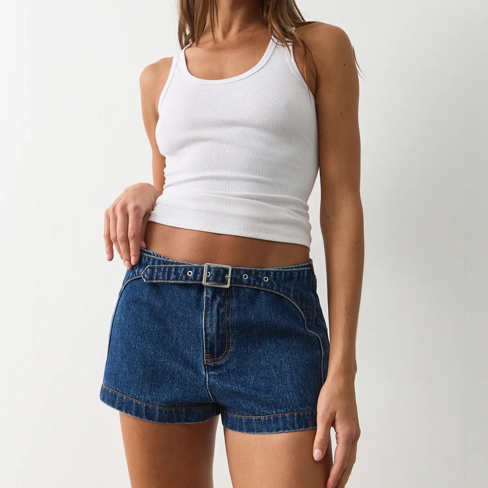 Glassons Low Rise Western Belted Blue Denim Jean Shorts